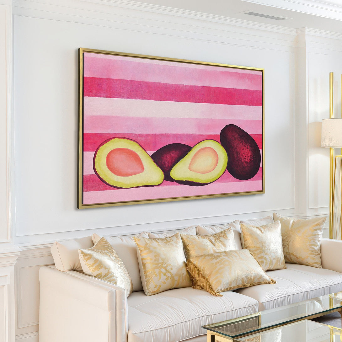 Canvas Print of avocados in a modern interior. Pink and purple abstract art with a minimalist style. Perfect home decor.
