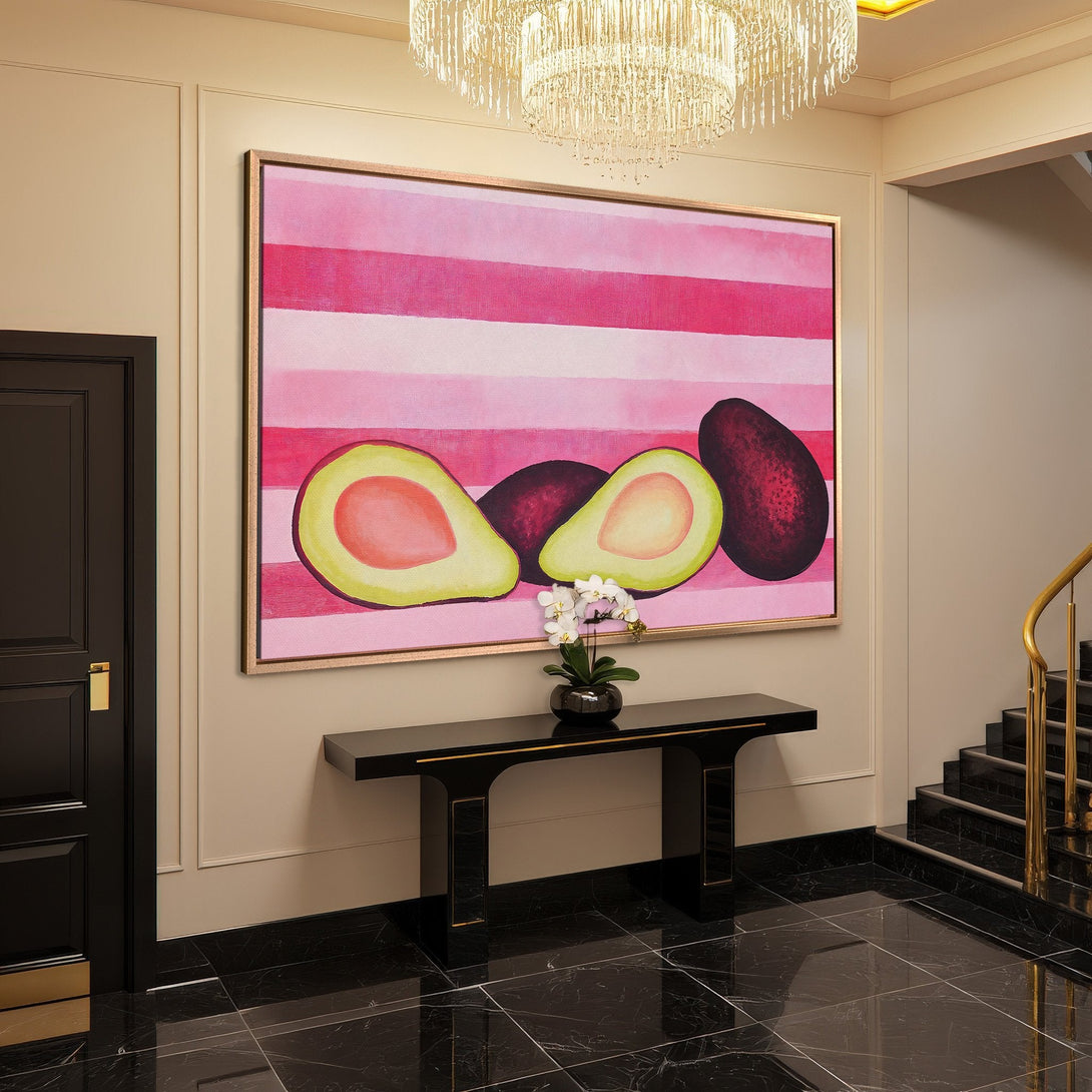 Framed Wall Art: Modern avocado painting in pink and red tones. Adds a pop of color to any space. Perfect for kitchen or dining room.
