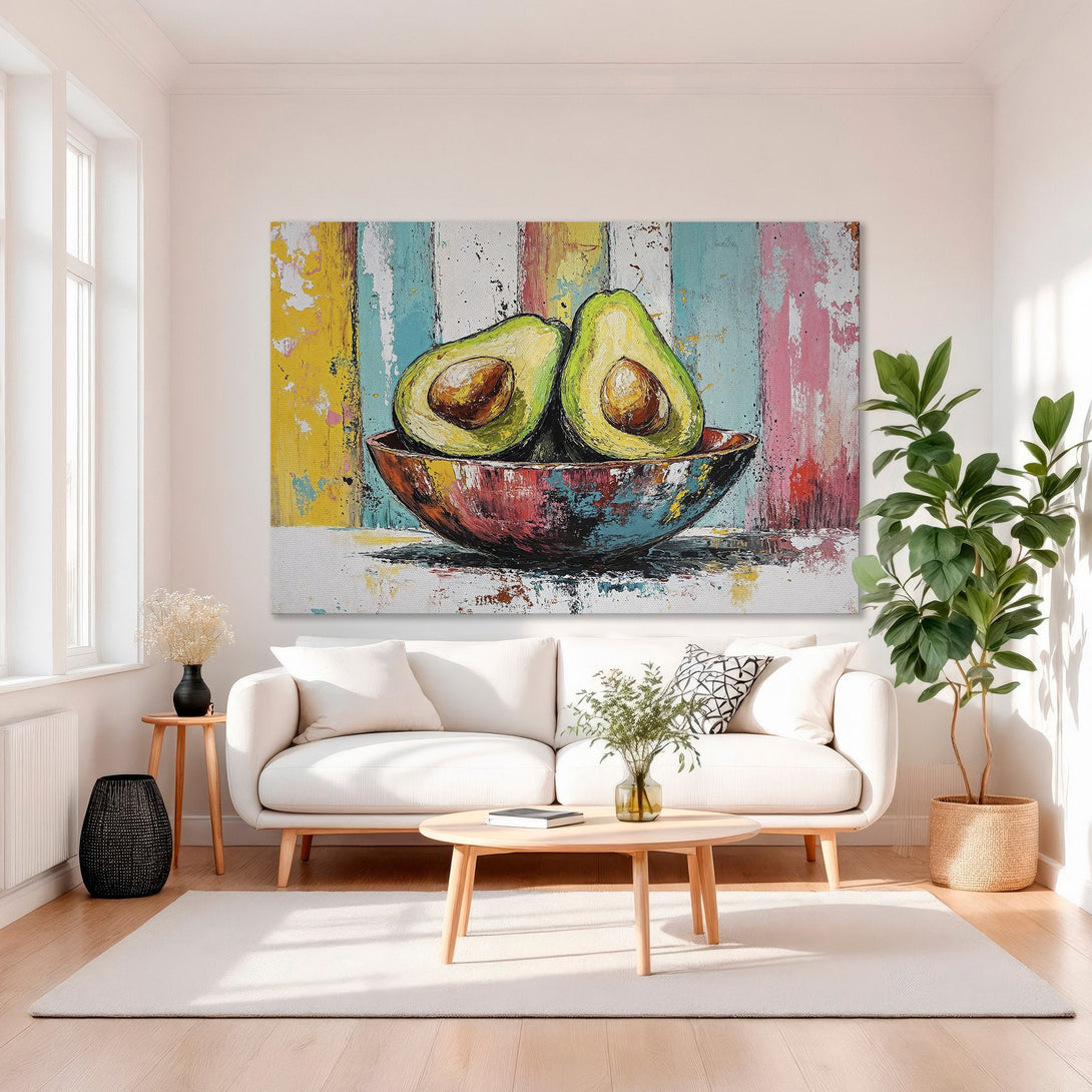 Framed Wall Art: Colorful abstract avocado painting with vibrant hues. Modern art for kitchen or dining room. Brighten your space!
