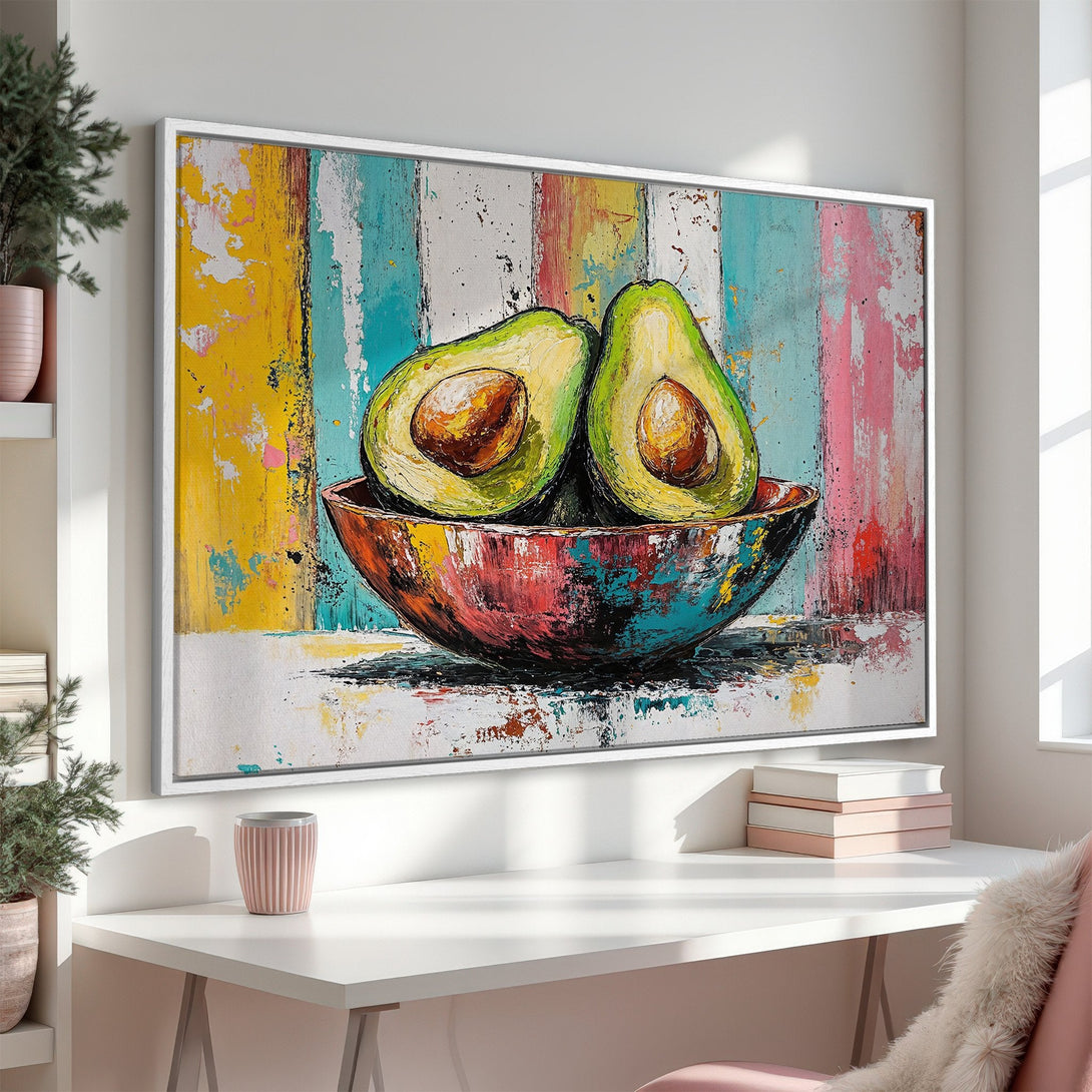 Framed Wall Art: Vibrant avocado still life painting with colorful, textured brushstrokes. Adds a pop of color to any room!