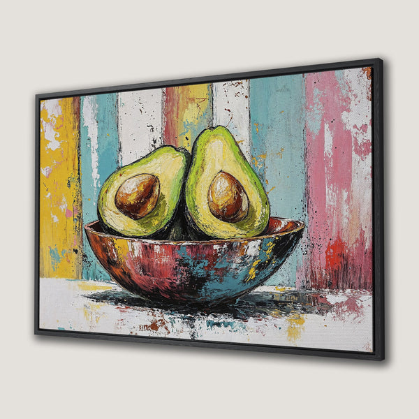 Framed Wall Art: Vibrant avocado halves in a colorful bowl. Modern, textured painting with a bright, multi-colored palette. Perfect kitchen decor.