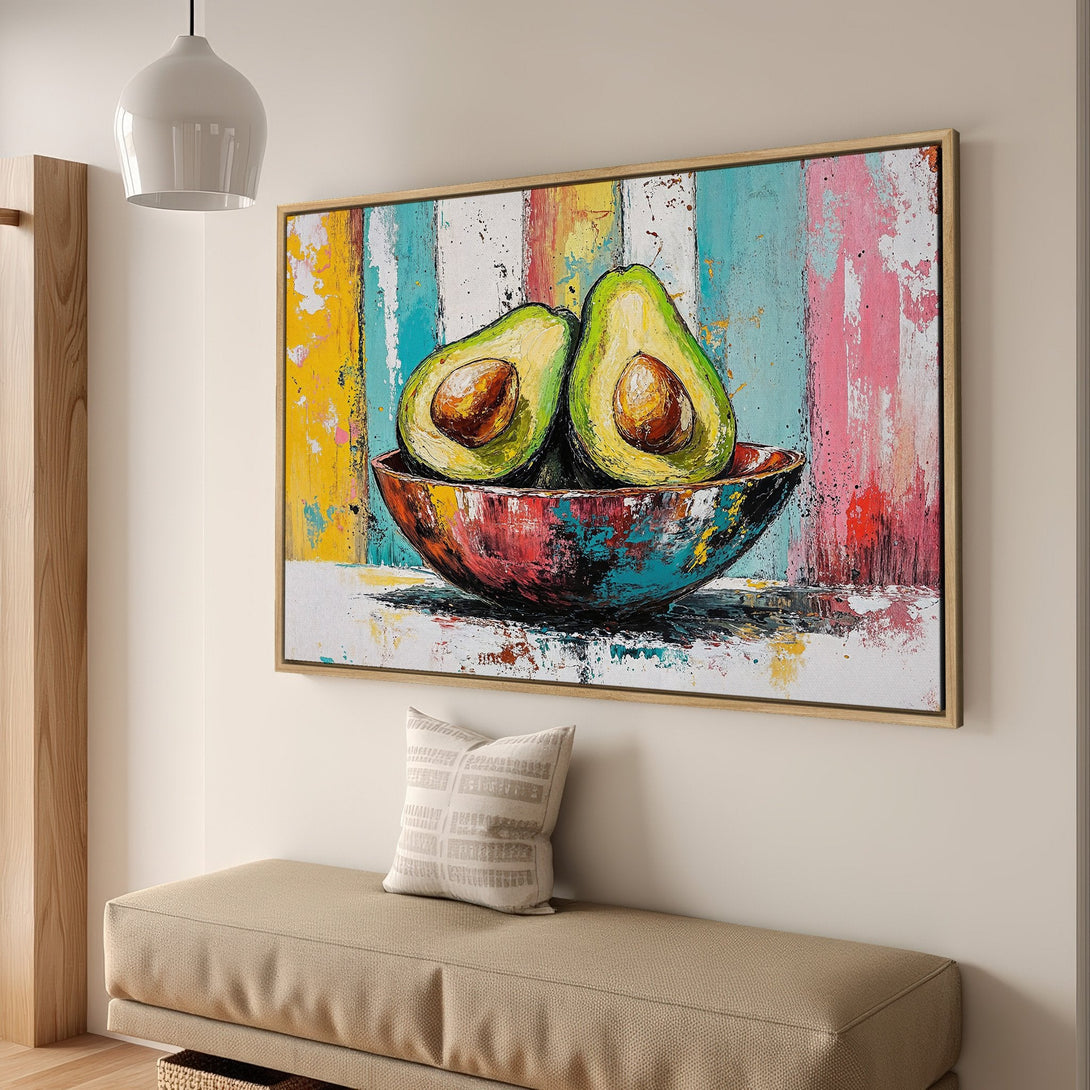Framed Wall Art: Vibrant avocado painting with colorful, abstract brushstrokes. Modern kitchen decor with a bold, eye-catching palette.