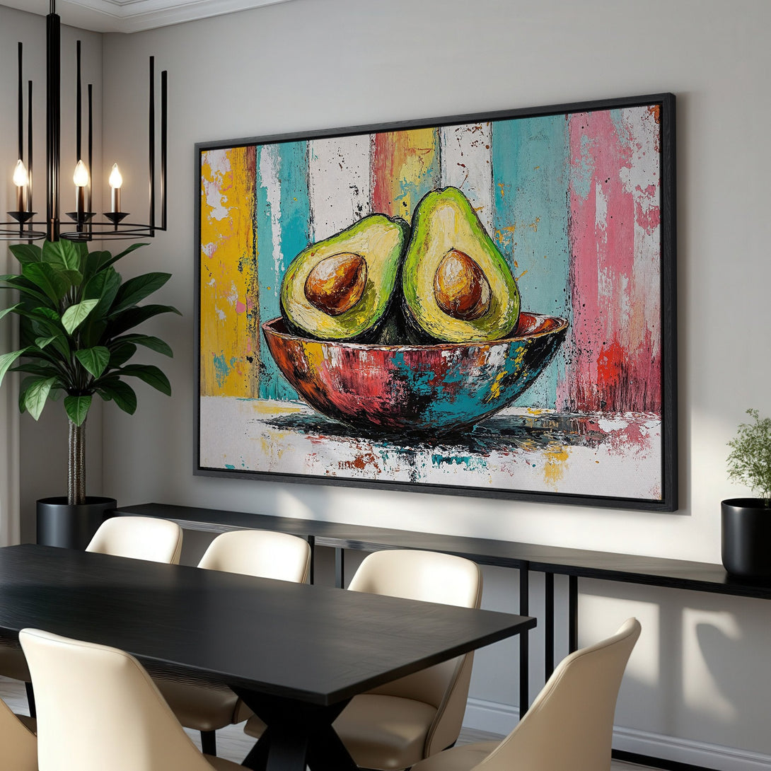 Framed Wall Art: Vibrant avocado still life painting with a colorful, textured style. Adds a pop of color to any dining room!