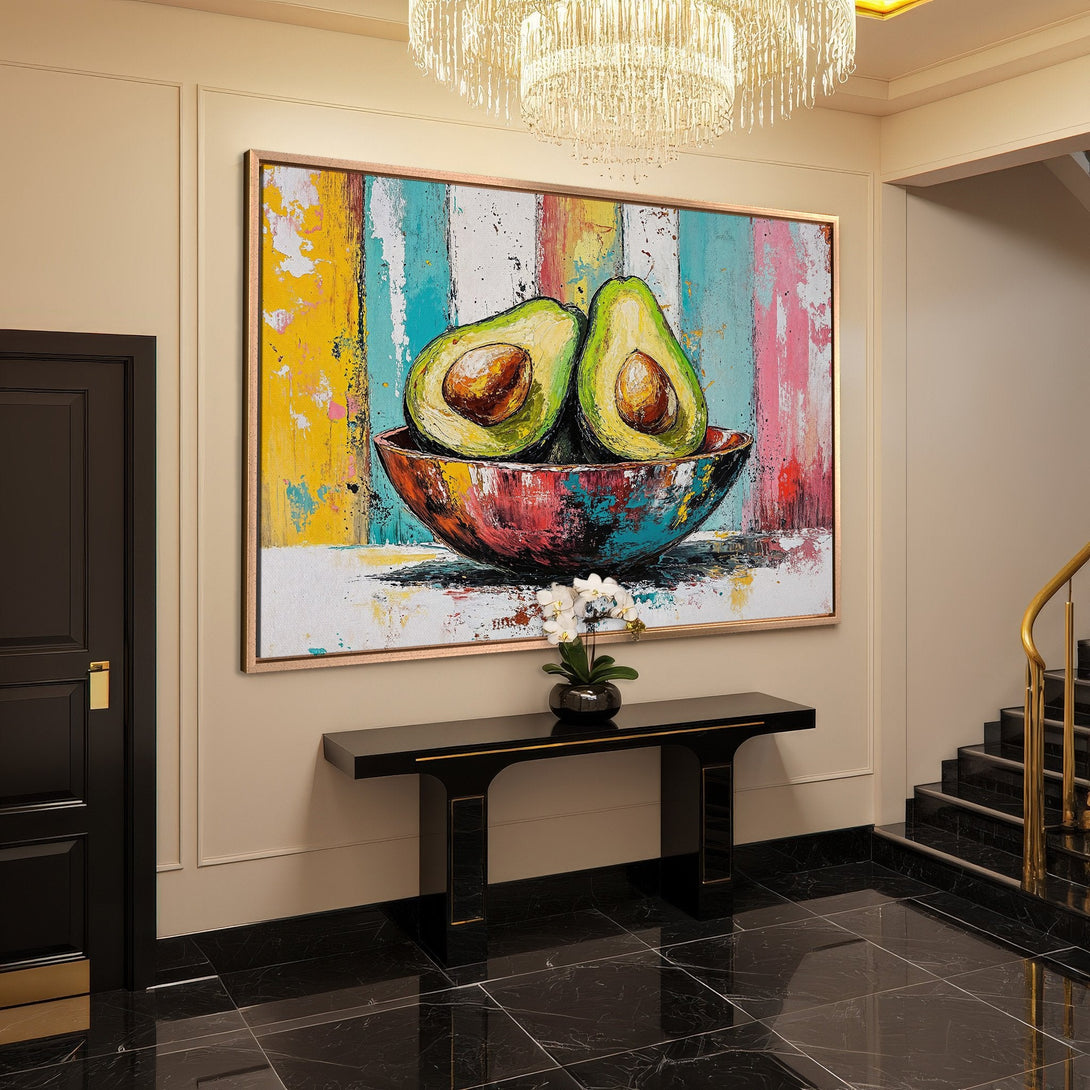 Framed Wall Art: Colorful abstract avocado painting. Modern art with vibrant yellows, blues, and pinks. Perfect kitchen or dining room decor.