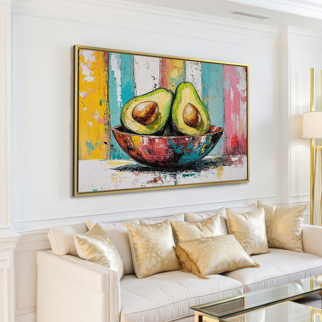 Abstract Canvas Print of avocados in a bowl, colorful palette, perfect for kitchen or dining room decor. Add a pop of art to your space!