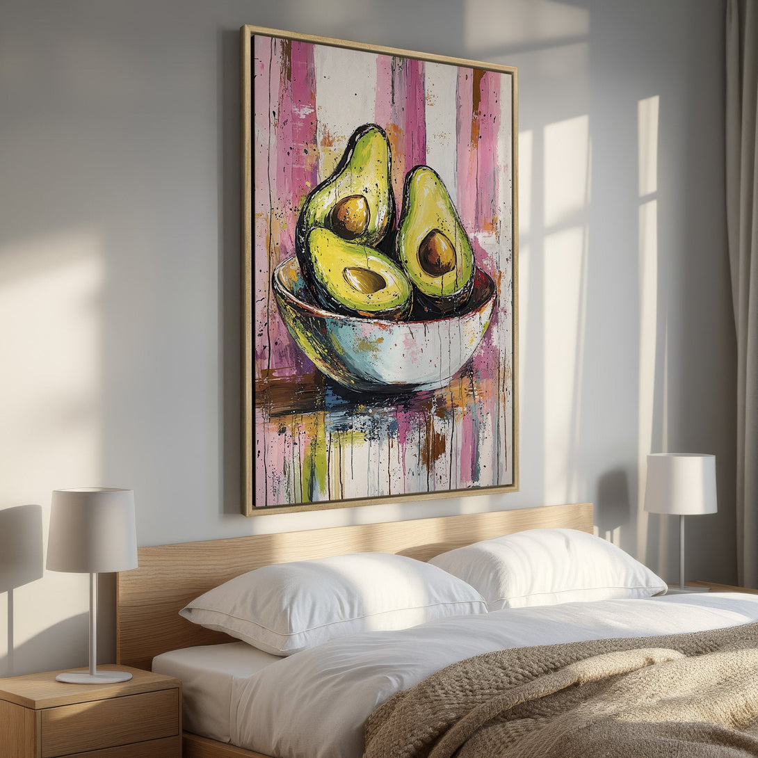 Framed Wall Art: Colorful avocado painting in a modern style. Pink, green, and yellow hues add a vibrant touch to any space. Perfect for kitchen or bedroom decor.