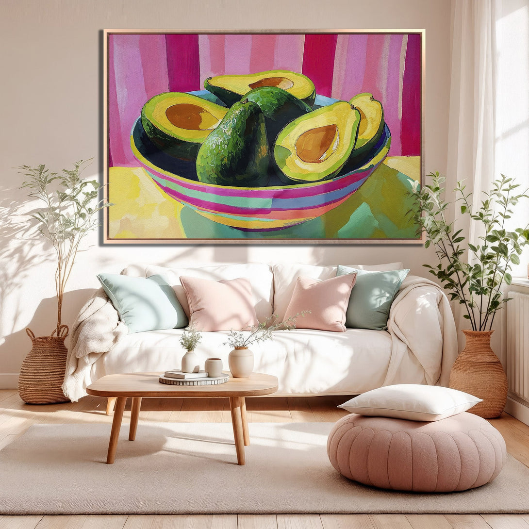 Framed Wall Art featuring vibrant avocado painting in a modern style with a colorful palette of pink, green, and yellow. Perfect for adding a pop of color!