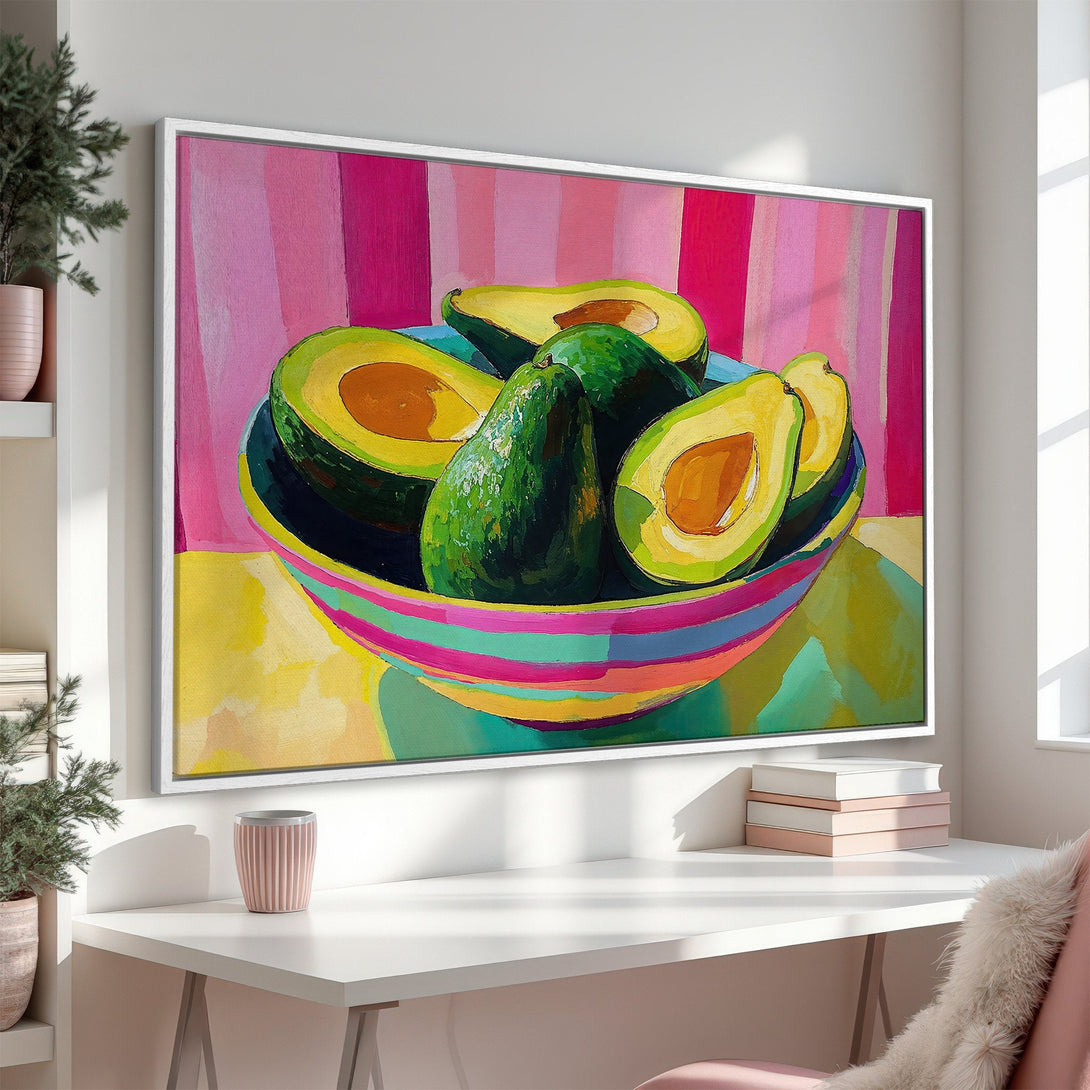 Canvas Print of vibrant avocado painting with a colorful palette, perfect for kitchen or dining room decor.