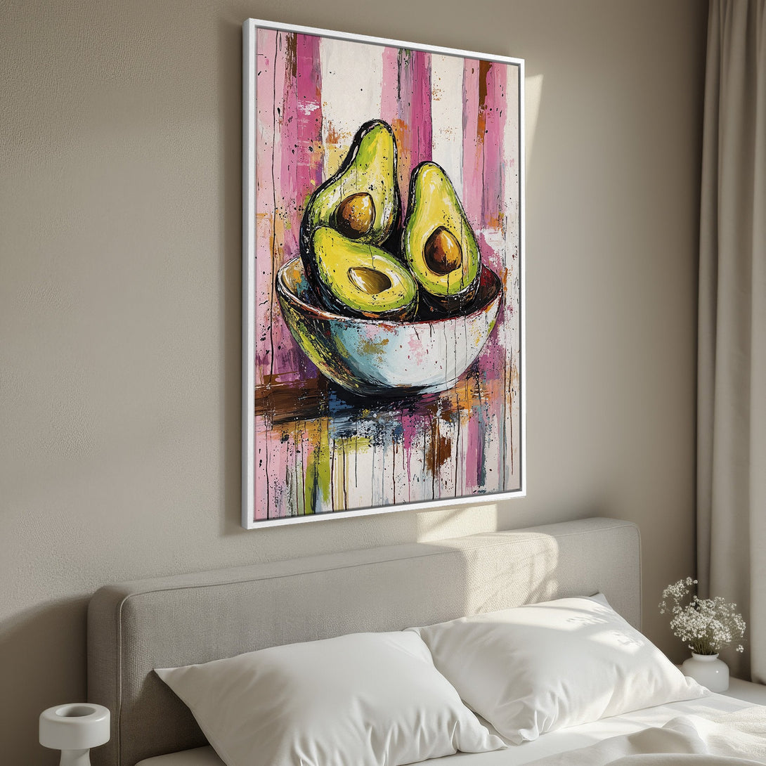 Framed Wall Art: Vibrant avocado painting with pink, green, and brown hues. Modern abstract style. Perfect kitchen or dining room decor. Shop now!