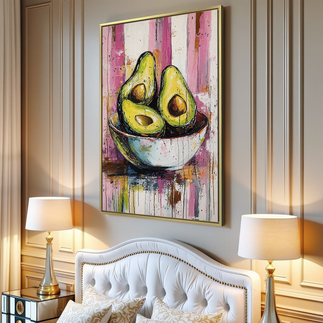 Canvas Print of avocados in a bowl, modern art style with pink, green, and yellow color palette. Perfect kitchen wall decor!