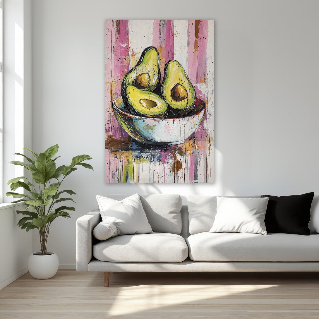 Framed Wall Art: Vibrant avocado painting with pink & green hues. Modern abstract style, perfect for kitchen or dining room decor. Add a pop of color!