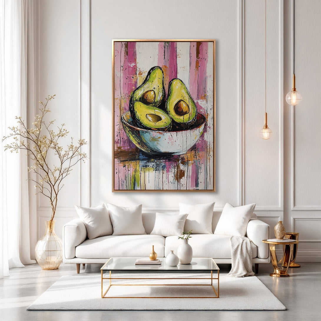 Framed Wall Art featuring an abstract avocado still life in a modern, colorful style. Perfect for adding a pop of art to your living room!