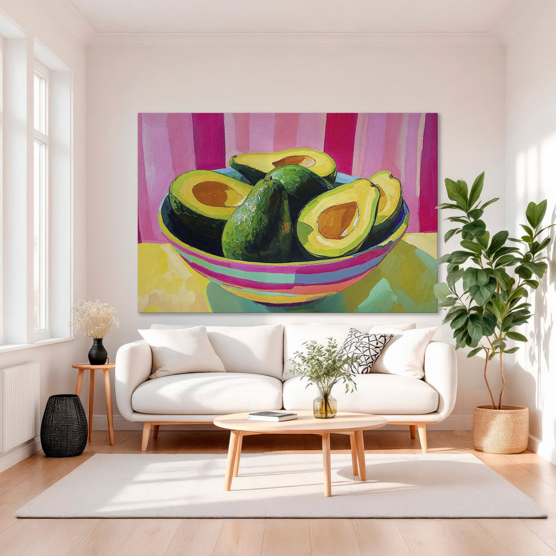 Framed Wall Art: Vibrant avocado still life painting with a pop art style. Features a colorful palette of pink, green, yellow, and blue. Perfect for kitchen decor!
