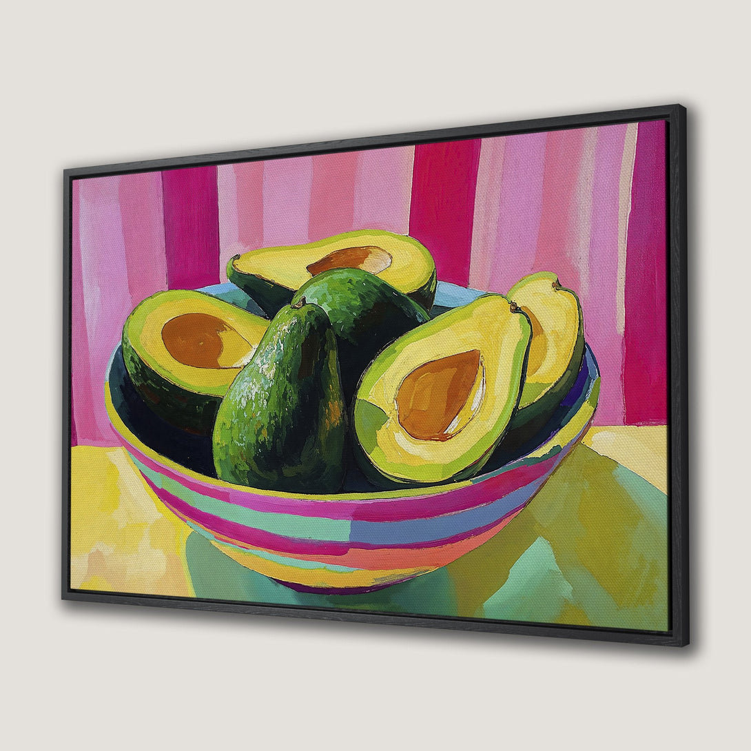 Framed Wall Art: Vibrant avocado still life in a colorful, modern style. Featuring a bold pink, green, and yellow palette, perfect for kitchen decor.