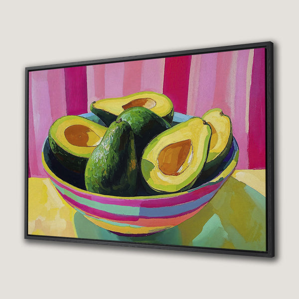 Framed Wall Art: Vibrant avocado still life in a colorful, modern style. Featuring a bold pink, green, and yellow palette, perfect for kitchen decor.