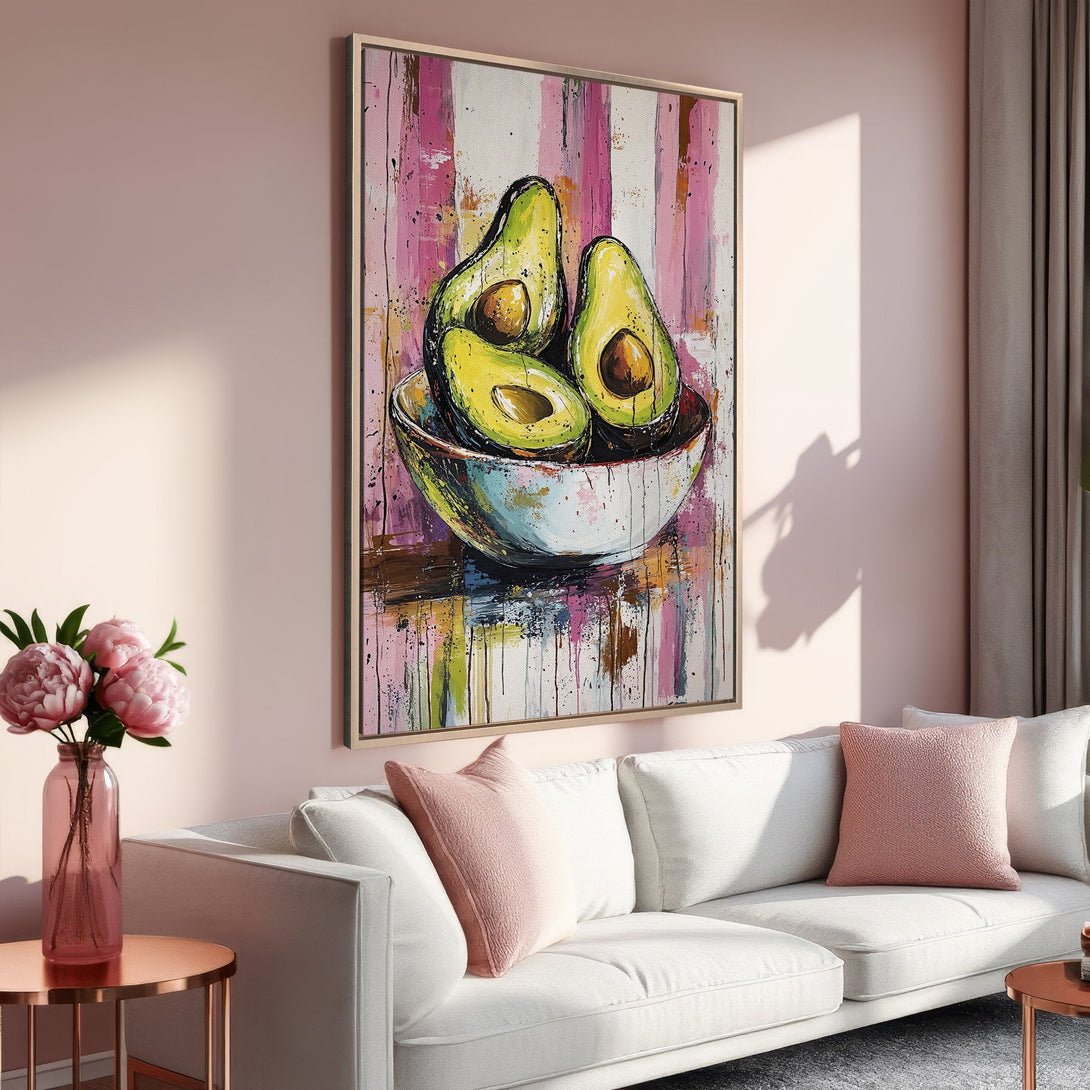 Framed Wall Art: Abstract avocado painting in pink, yellow, and green hues. Modern art canvas print adds a pop of color to any interior.