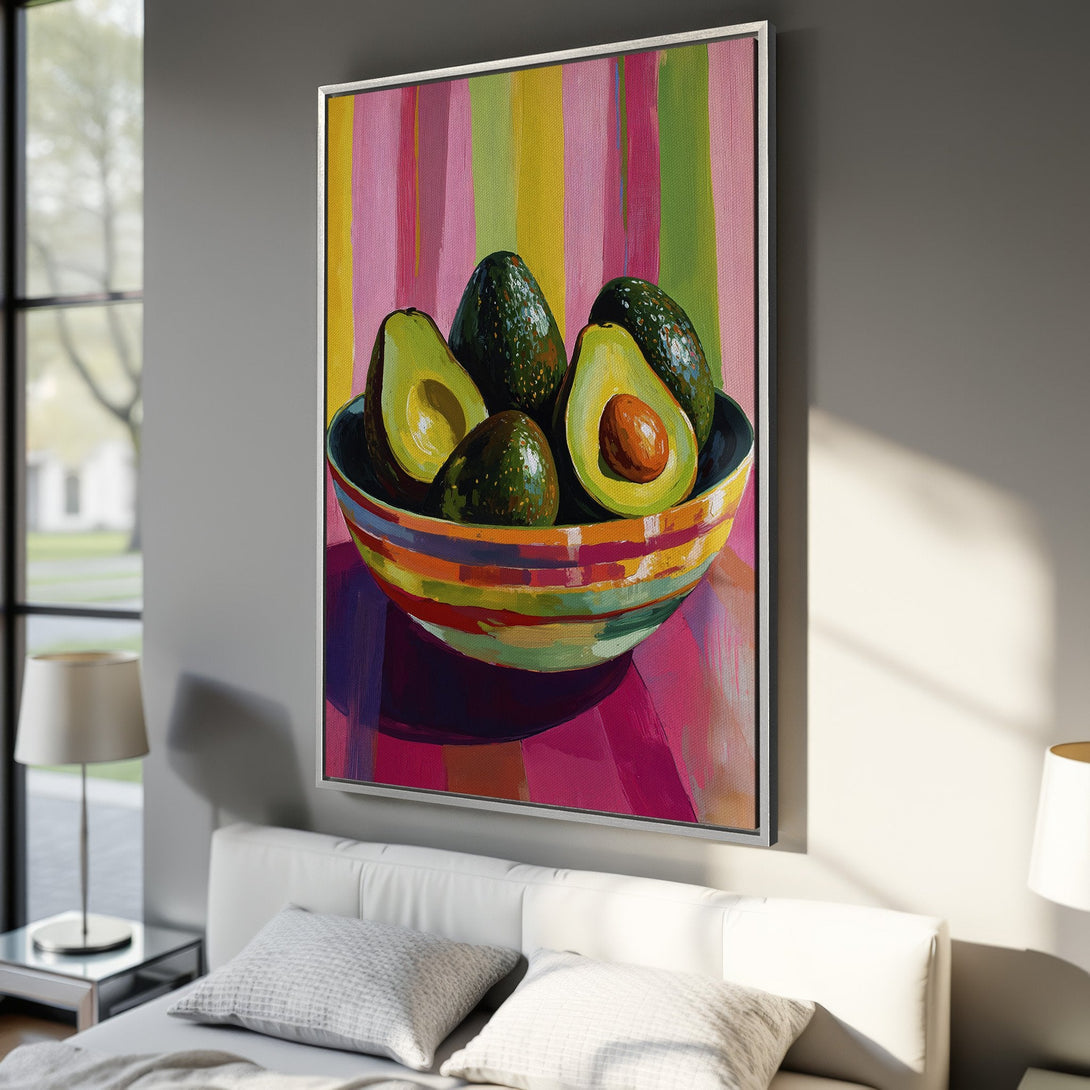 Framed Wall Art: Vibrant avocado still life painting with colorful stripes. Modern canvas art in a bright, eye-catching color palette. Perfect for kitchen decor.