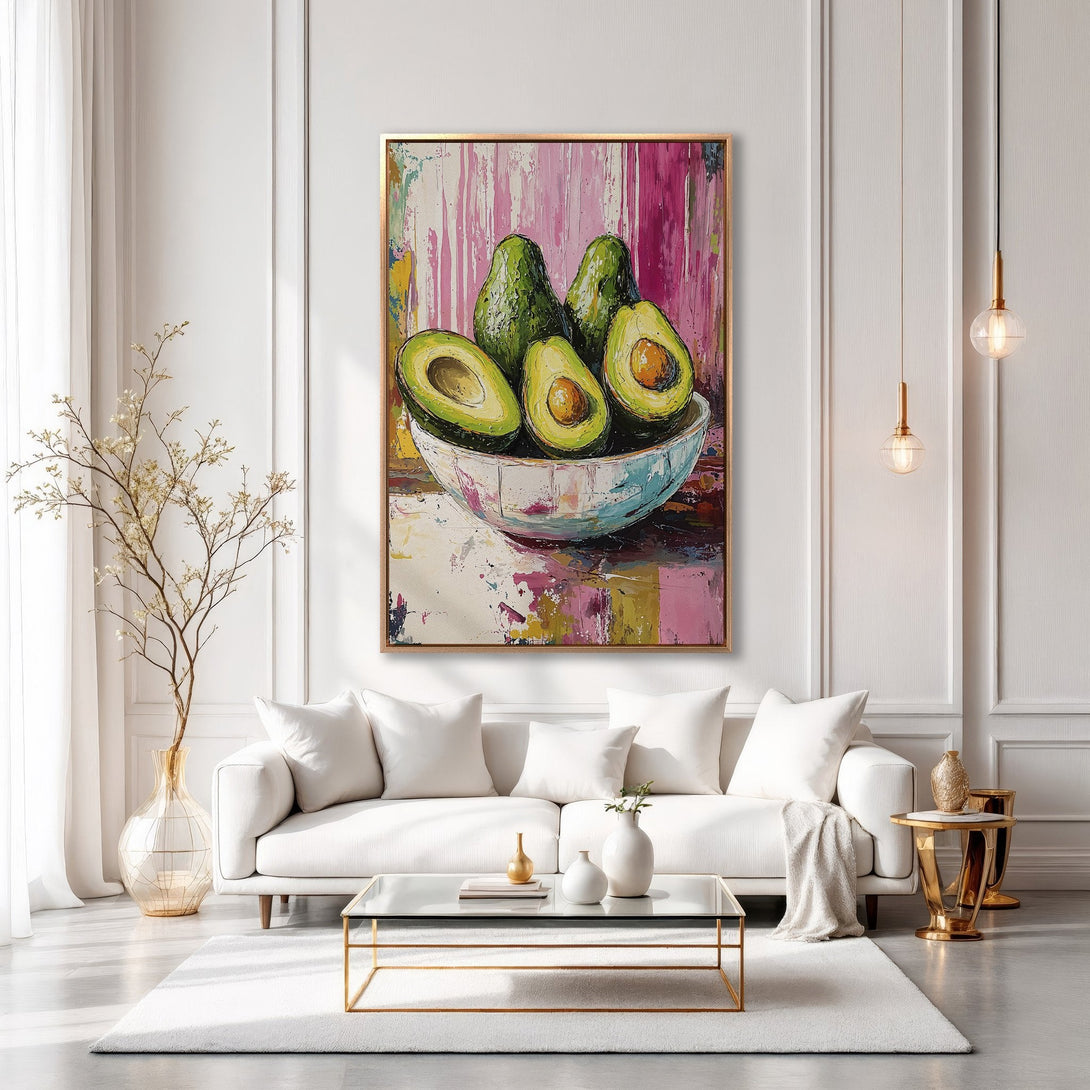 Framed Wall Art featuring a vibrant avocado still life painting in a modern, colorful style. Perfect kitchen decor!