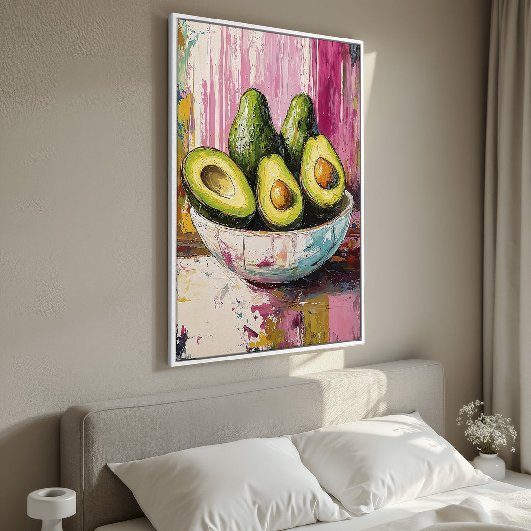 Framed Wall Art: Vibrant avocado still life painting in a modern, abstract style. Features a colorful palette of pinks, greens, and yellows. Perfect kitchen decor!
