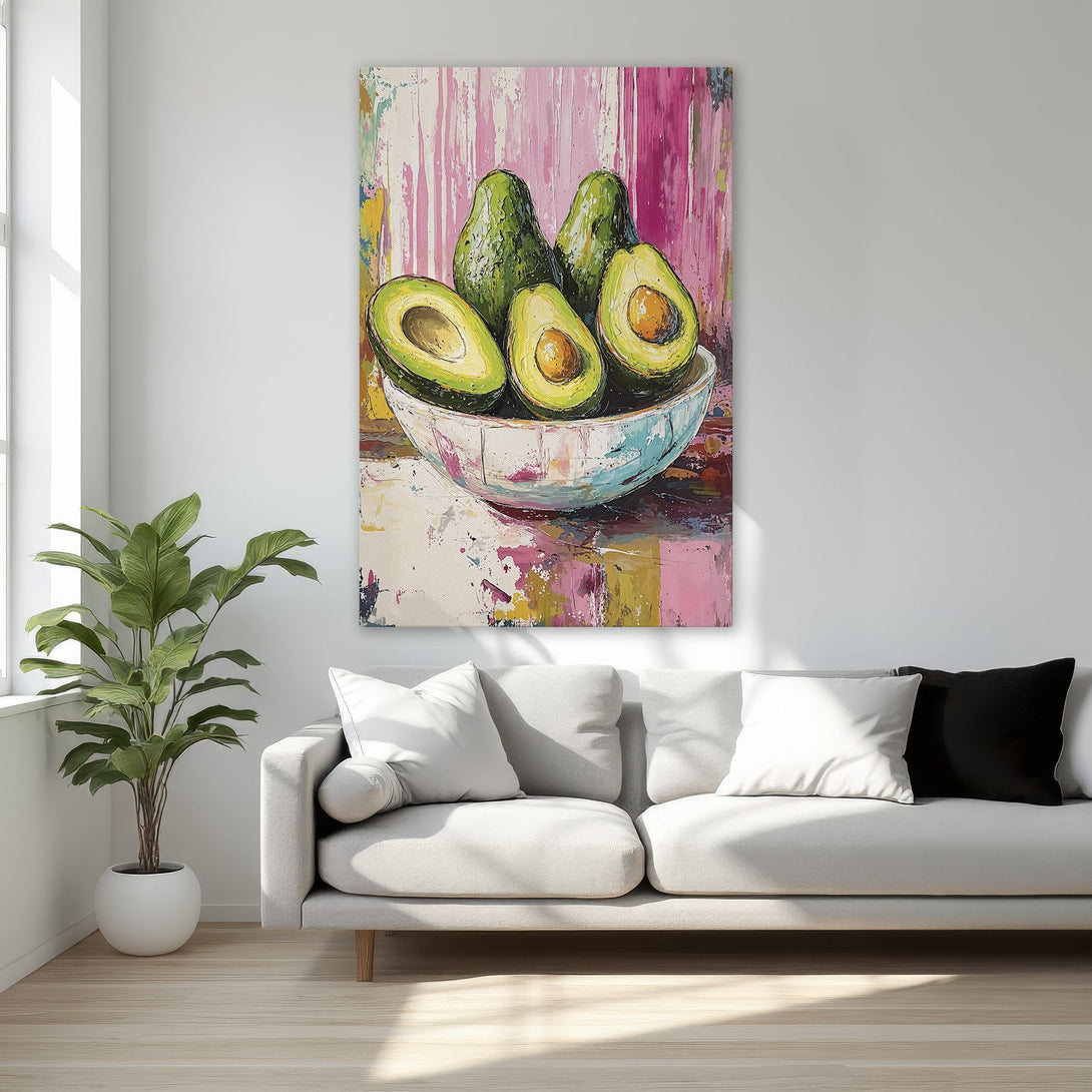 Framed Wall Art: Vibrant avocado still life painting in a modern, abstract style. Featuring a colorful pink, green, and yellow palette, perfect for kitchen or dining decor.