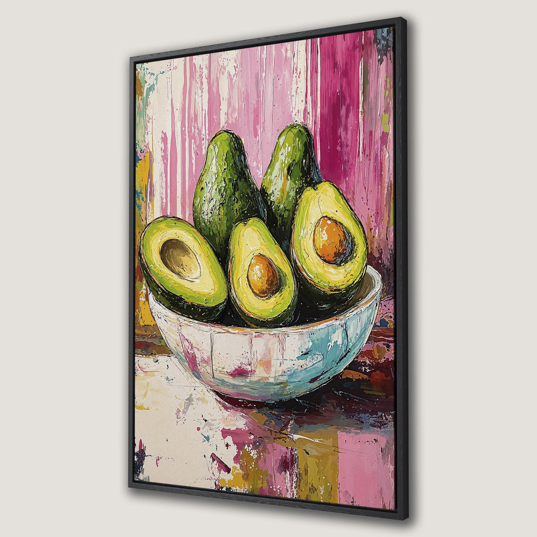 Framed Wall Art: Vibrant avocado still life in an abstract, impasto style. Pink, green, and yellow color palette. Perfect kitchen decor.