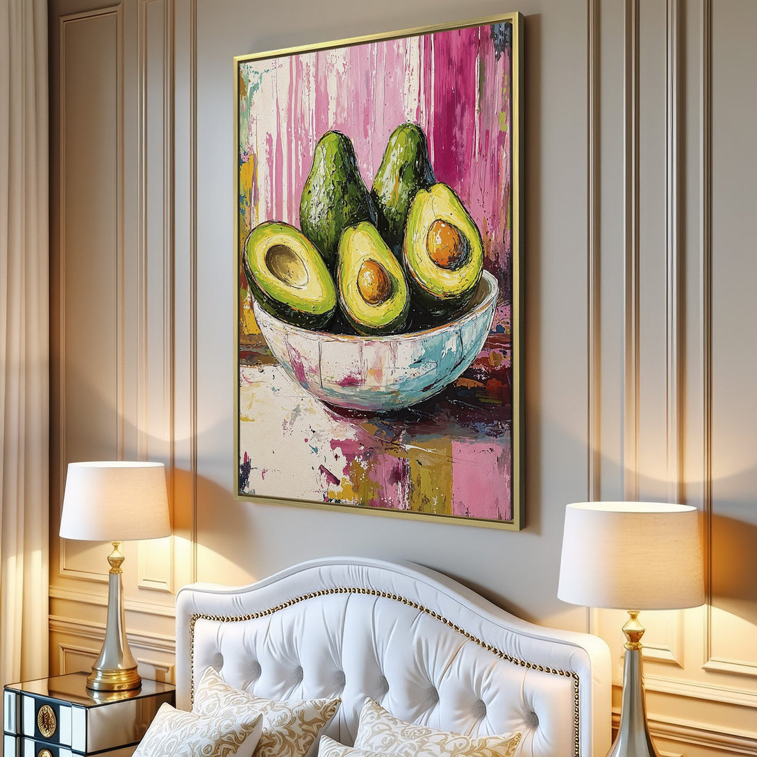 Canvas Print featuring a vibrant avocado still life painting. Modern, colorful art with pink, green, and yellow hues. Perfect kitchen or dining room decor.