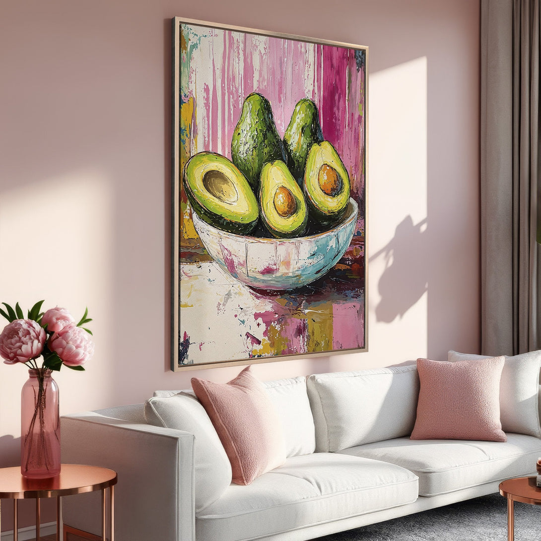 Framed Wall Art featuring vibrant avocado painting in a modern, abstract style. Pink, green, and yellow color palette adds a pop of color to any space.