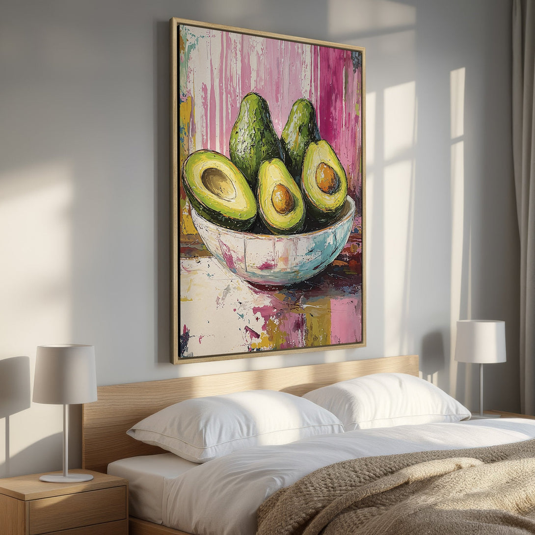 Framed Wall Art: Vibrant avocado still life painting in a bedroom. Modern, textured style with green, pink, and yellow hues. Elevate your space!