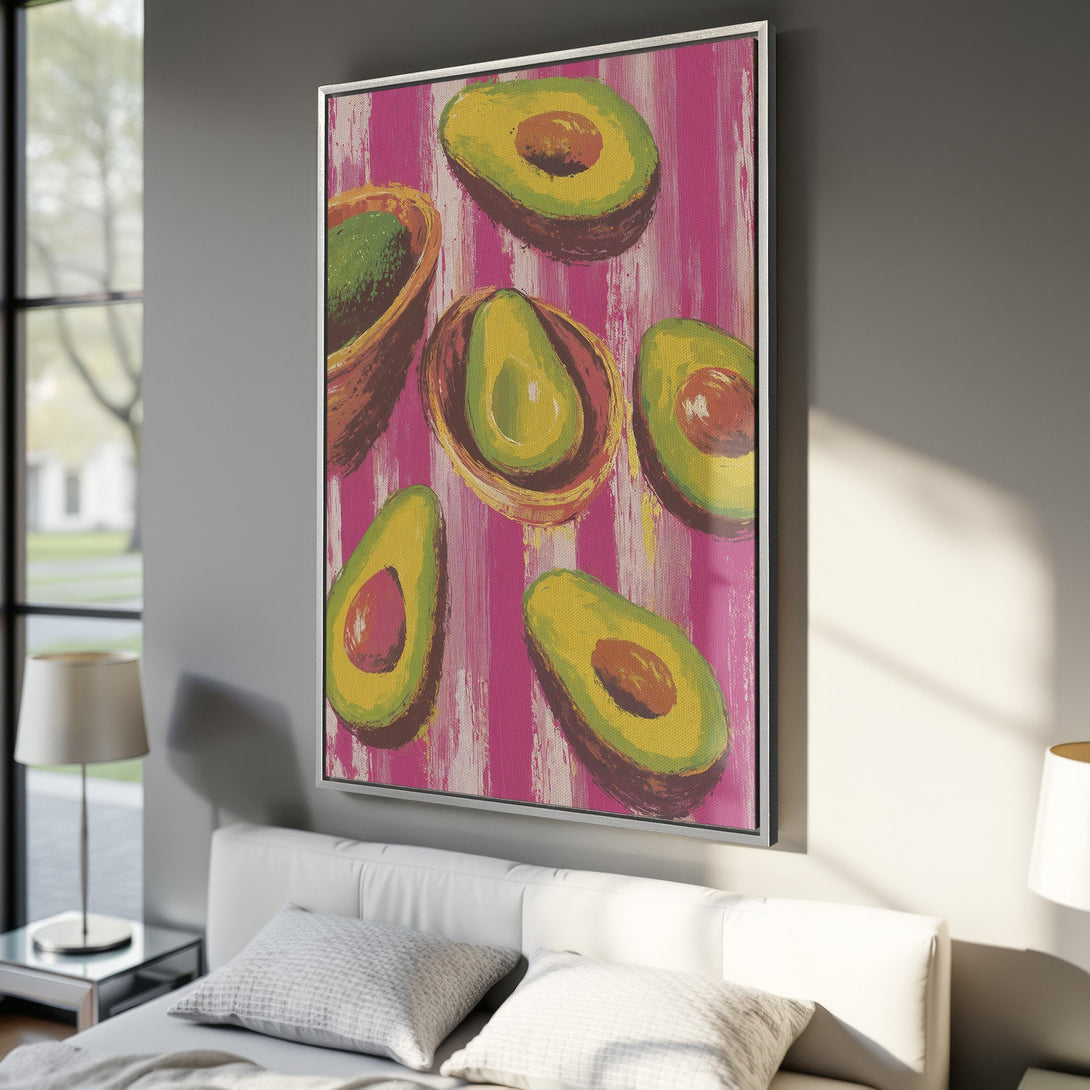 Framed Wall Art: Vibrant avocado painting in a modern style. Pink, green, and yellow color palette. Perfect kitchen or dining room decor.