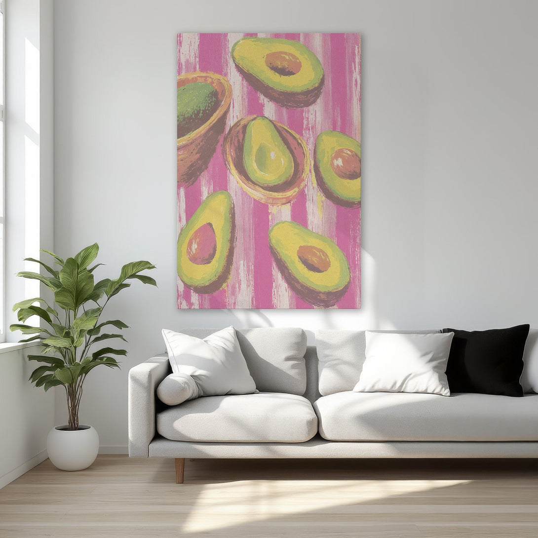 Framed Wall Art featuring colorful avocado painting. Modern, stylish decor with a pink, green, and yellow color palette. Perfect for kitchen or dining room.