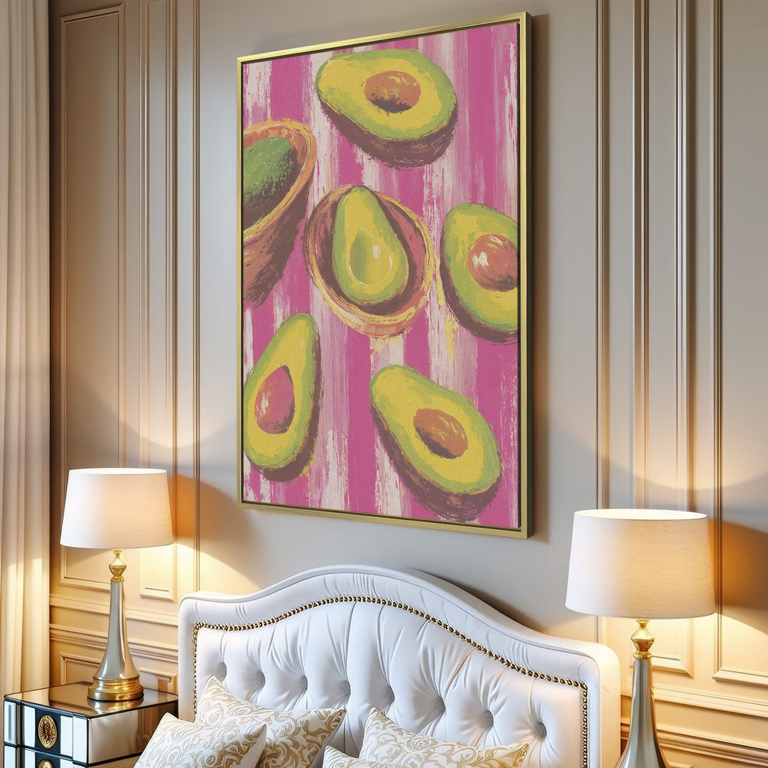 Canvas Print featuring a vibrant avocado painting in a modern style with pink and green hues. Perfect for kitchen and dining decor.