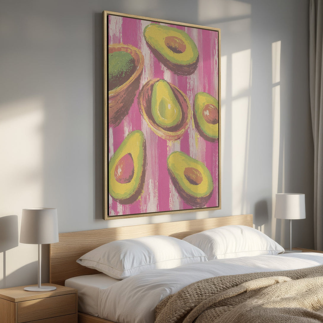 Framed Wall Art: Vibrant avocado painting with pink and green hues. Modern art for your bedroom. Add a pop of color with this stylish canvas print!