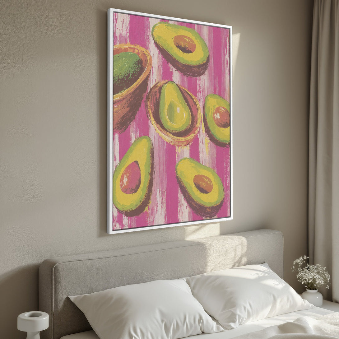 Framed Wall Art: Vibrant avocado painting with pink & green color palette. Modern, abstract style adds a pop of color to any room. Perfect kitchen or bedroom decor.