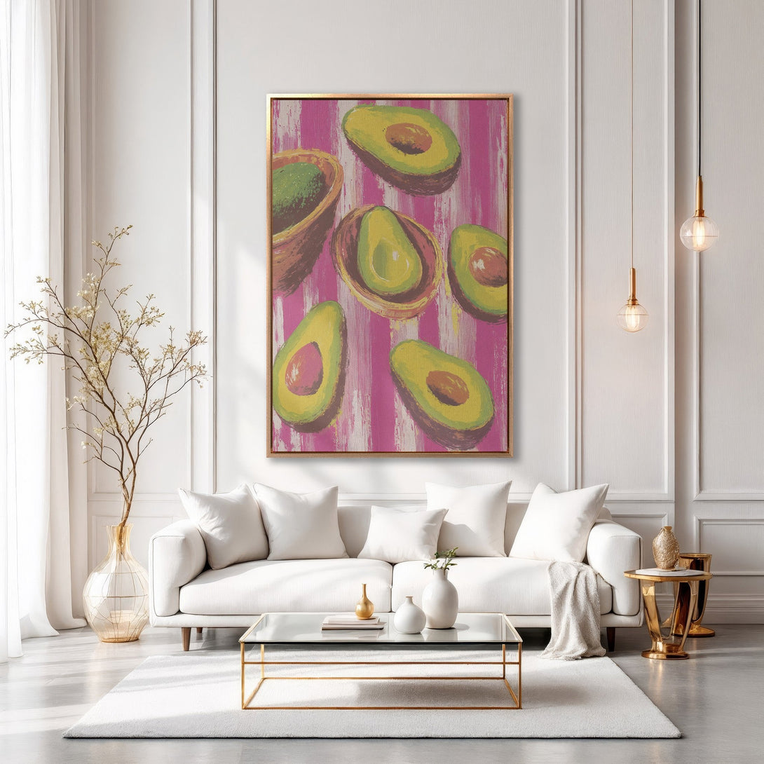 Framed Wall Art: Modern avocado painting in a stylish interior. Pink and green color palette adds a pop of color to any space. Shop now for unique wall decor!