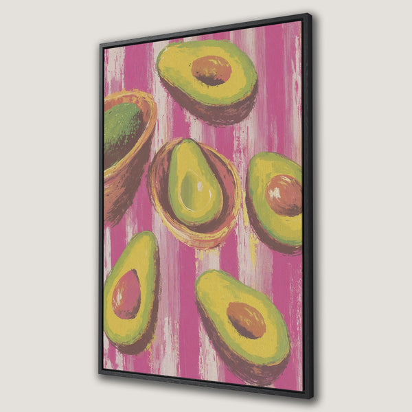 Framed Wall Art: Vibrant avocado painting with pink and yellow color palette. Modern art style. Add a pop of color to your kitchen or dining room!