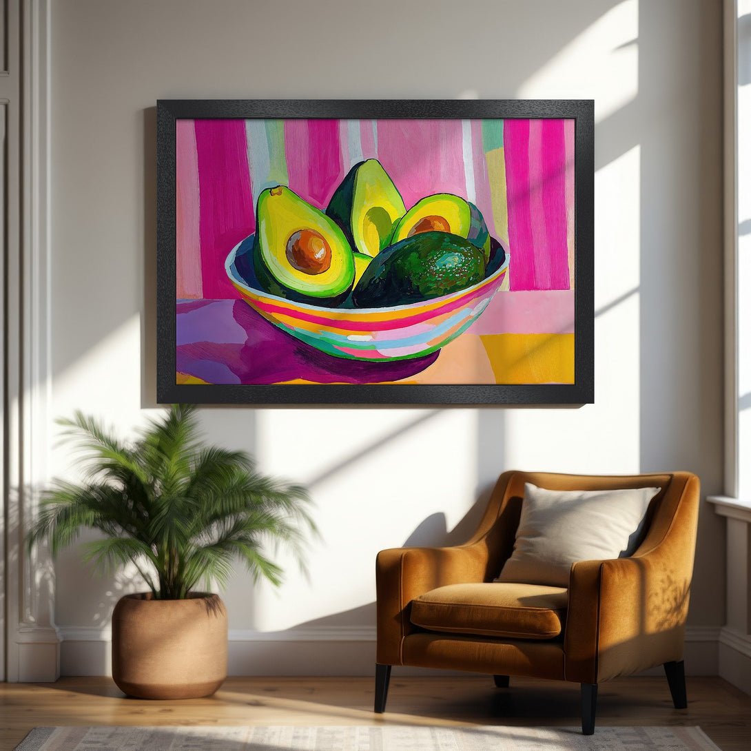 Framed Poster featuring a vibrant still life of avocados in a bowl, colorful abstract style with pink, green, and yellow hues.
