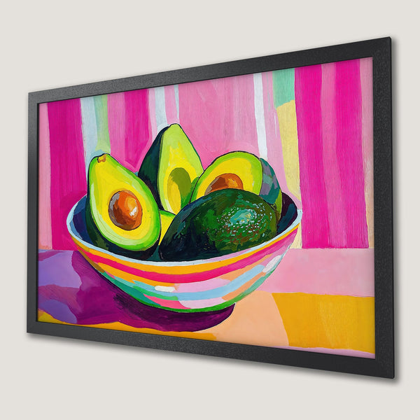 Framed Poster of vibrant avocado art with a bright pink and yellow color palette. Perfect kitchen decor!