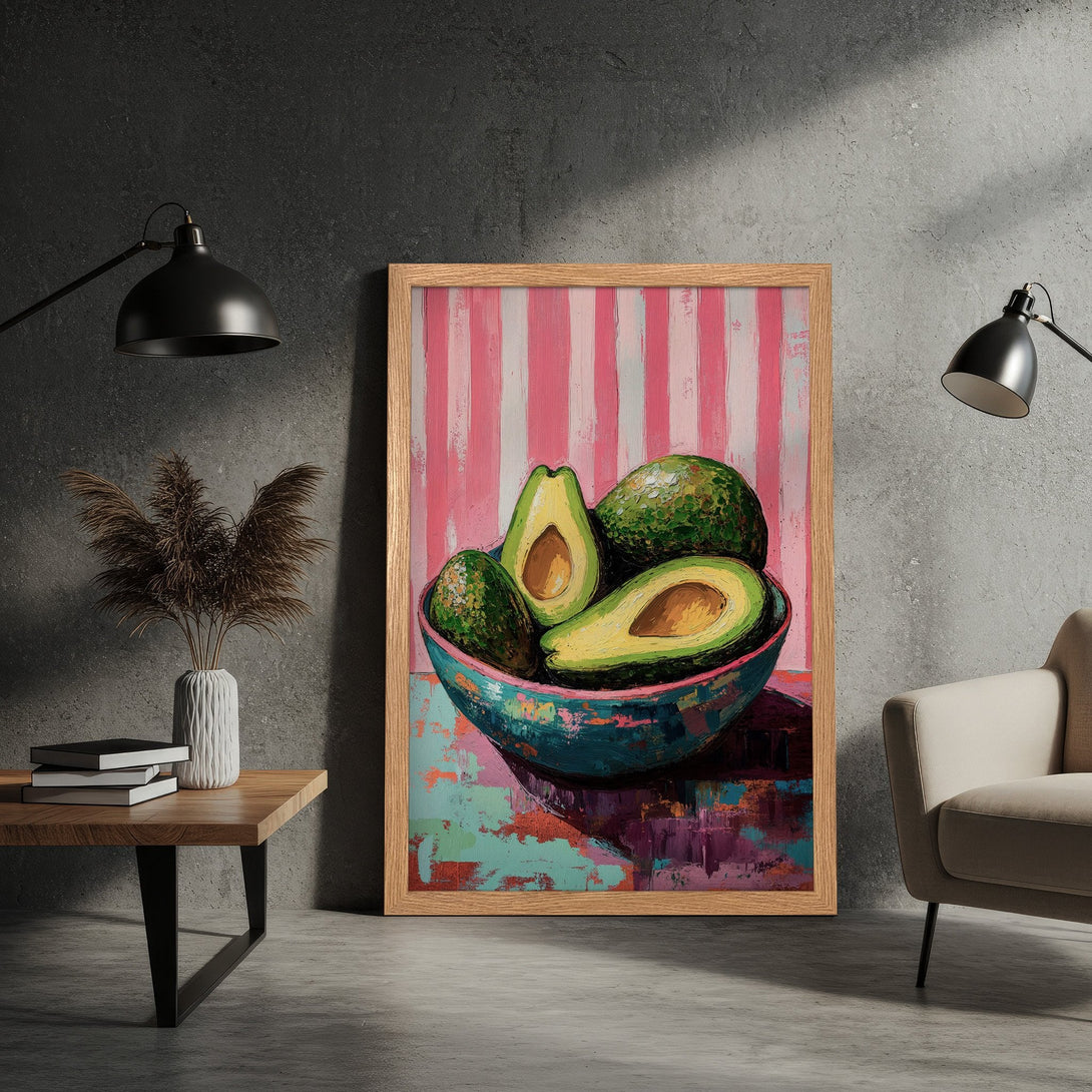 Framed Poster featuring an avocado still life in a vibrant, impressionistic style with a pink, green, and teal color palette.