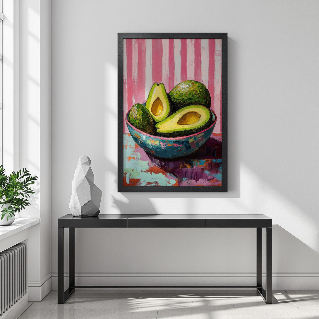 Framed Poster featuring an avocado still life painting in a vibrant, colorful palette. Perfect kitchen decor!
