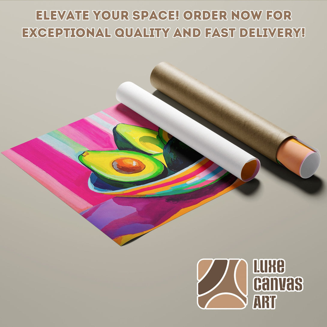 Poster Roll featuring vibrant avocado art, pop art style, with a pink, green, and purple color palette.