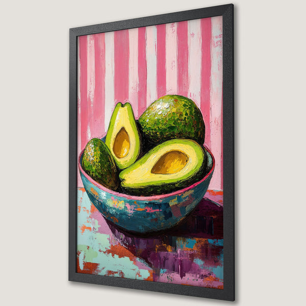Framed Poster of avocados in a bowl, vibrant oil painting style with pink, green, and blue color palette. Perfect kitchen decor!