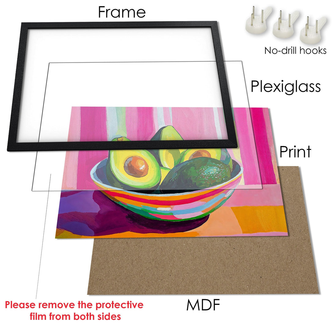 Framed Poster featuring avocado art in vibrant pinks, greens, and yellows. Modern, colorful wall art.