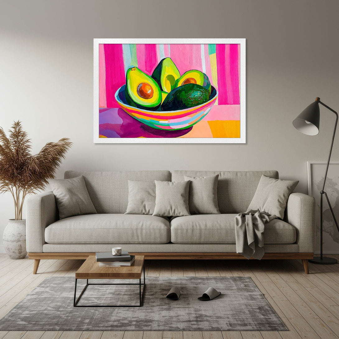 Framed Poster of vibrant avocados in a bowl, pop art style, with a bright pink, green, and yellow color palette. Perfect wall art!