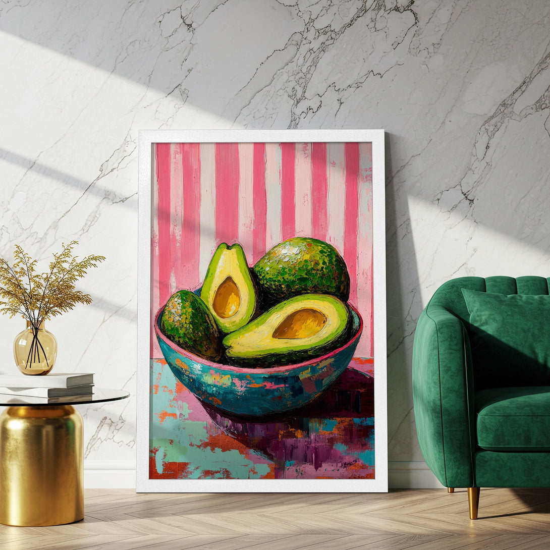 Framed Poster featuring a vibrant avocado still life painting in a colorful palette. Perfect wall art for kitchen or dining room decor.