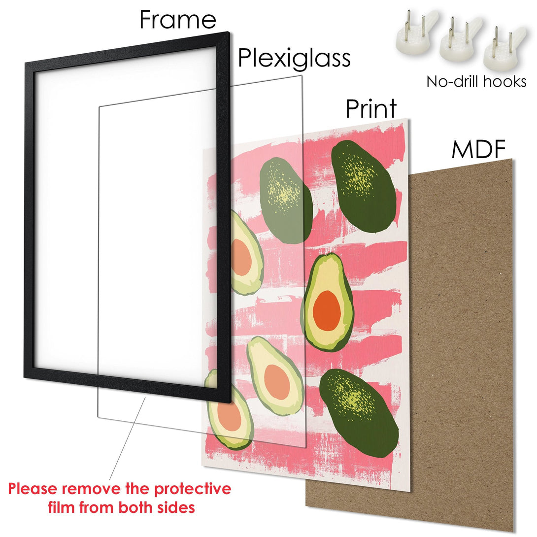 Framed Poster featuring avocado art in a modern style with a pink, green, and white color palette. Perfect wall decor!