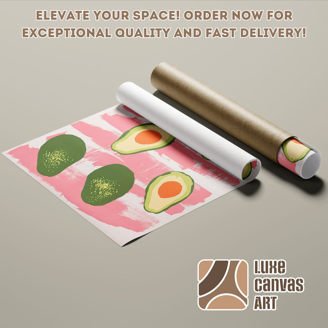 Avocado Poster Roll, modern art style with pink, green, and orange color palette. Elevate your space!