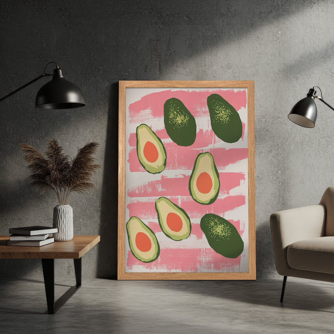Framed Poster featuring avocado art in a modern style with green, pink, and orange colors. Perfect for kitchen decor!