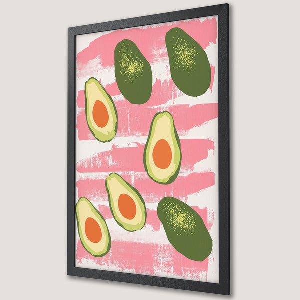 Framed Poster featuring avocado art in a modern, brushstroke style with pink, green, and orange hues. Perfect for kitchen decor!