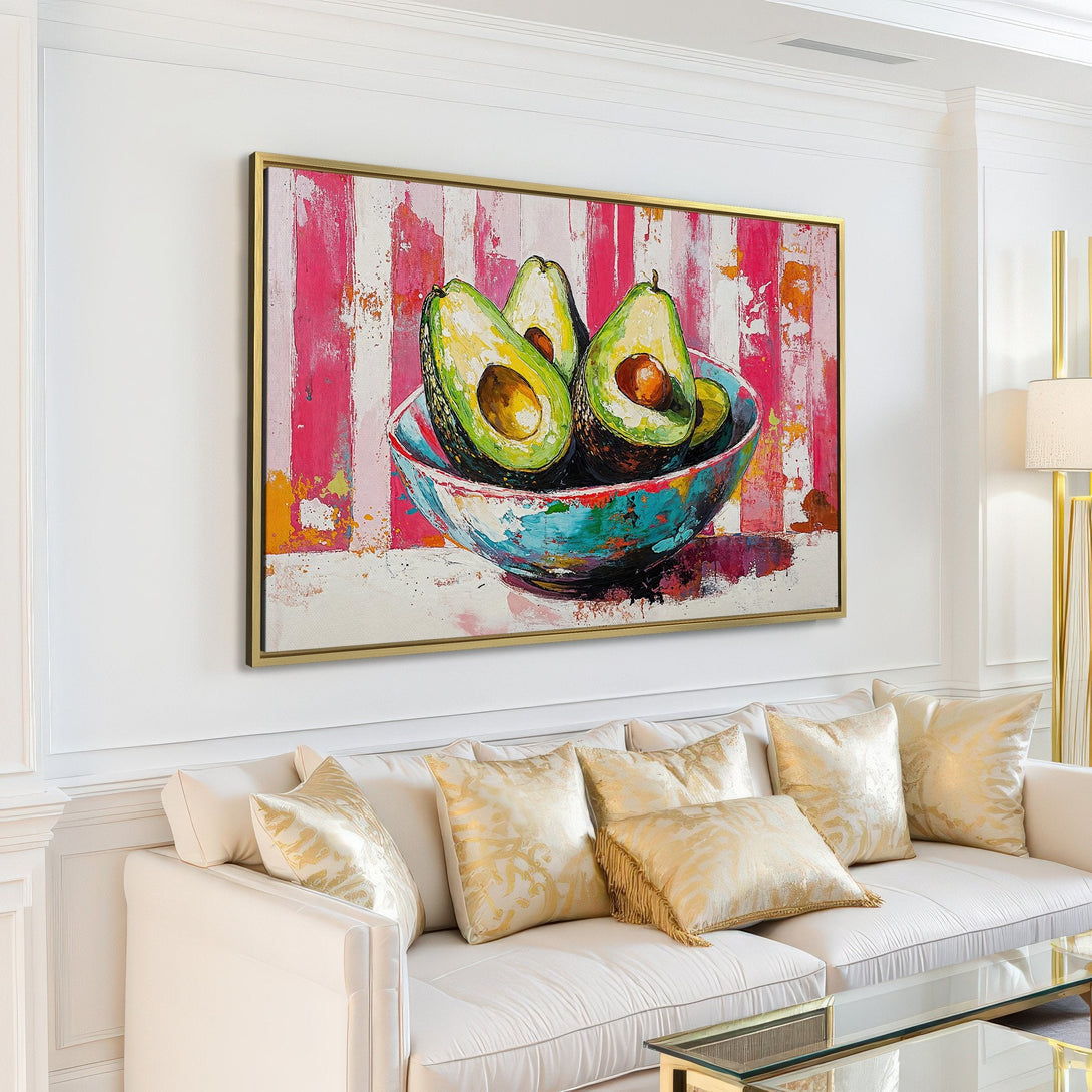 Canvas Print: Vibrant avocado painting in a modern living room. Features a colorful, abstract style with pink, green, and blue hues. Perfect wall art!