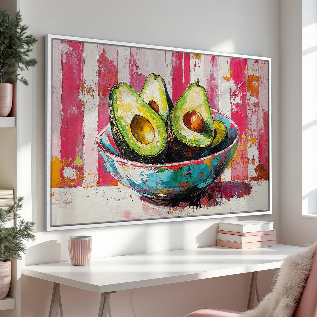 Framed Wall Art: Vibrant avocado still life painting with pink, green, and blue color palette. Modern kitchen decor. Canvas Print for your home.